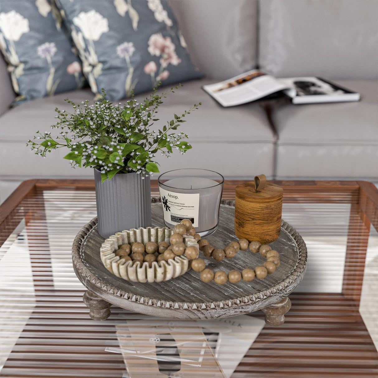 MAONAME Farmhouse Wood Riser for Display, Decorative Pedestal Stand for Kitchen Counter, Rustic Round Beaded Wooden Display Tray for Home Decor, Short and Tall Footed, 11.87 Inch MAONAME