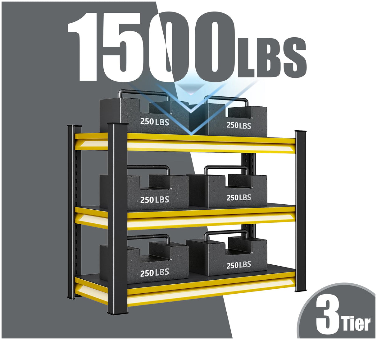 Rufokisa 40" W Garage Shelving Heavy Duty, 1500LBS Loads Adjustable Garage Storage Shelves,3-Tier Metal Storage Racks and Shelving Units, Utility Rack Shelves,40" W x 18" D x 36" H,Yellow Rufokisa