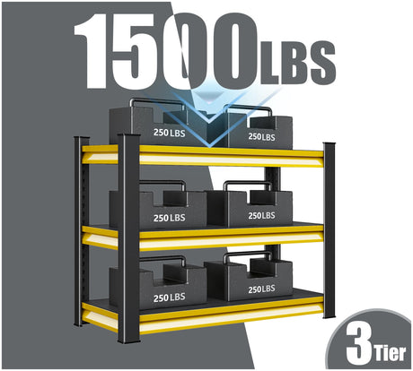 Rufokisa 40" W Garage Shelving Heavy Duty, 1500LBS Loads Adjustable Garage Storage Shelves,3-Tier Metal Storage Racks and Shelving Units, Utility Rack Shelves,40" W x 18" D x 36" H,Yellow Rufokisa
