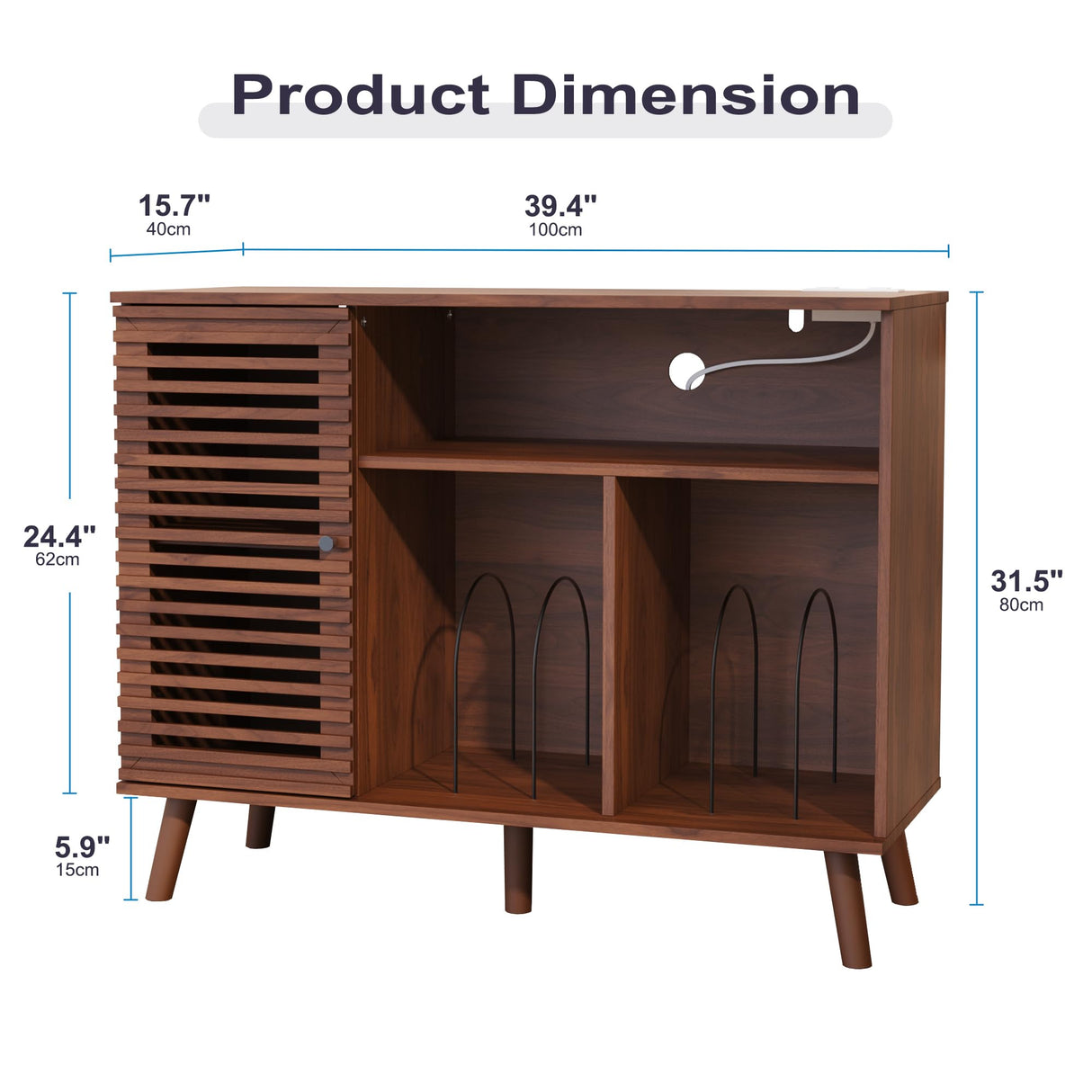 Furnify Record Player Stand with Charging Station, Mid-Century Turntable Stand with Slatted Doors, 40" W Record Player Table Holds Up to 350 Albums Vinyl Storage Display Shelf for Living Room, Walnut Furnify