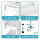 Vtopmart 3 Tier Metal Rolling Cart, Utility Rolling Carts with Wheels, Handle and Lockable Casters, Storage Trolley with Hooks, Easy Assemble for Kitchen, Living Room, Office, Nursery, Garage (White) Vtopmart