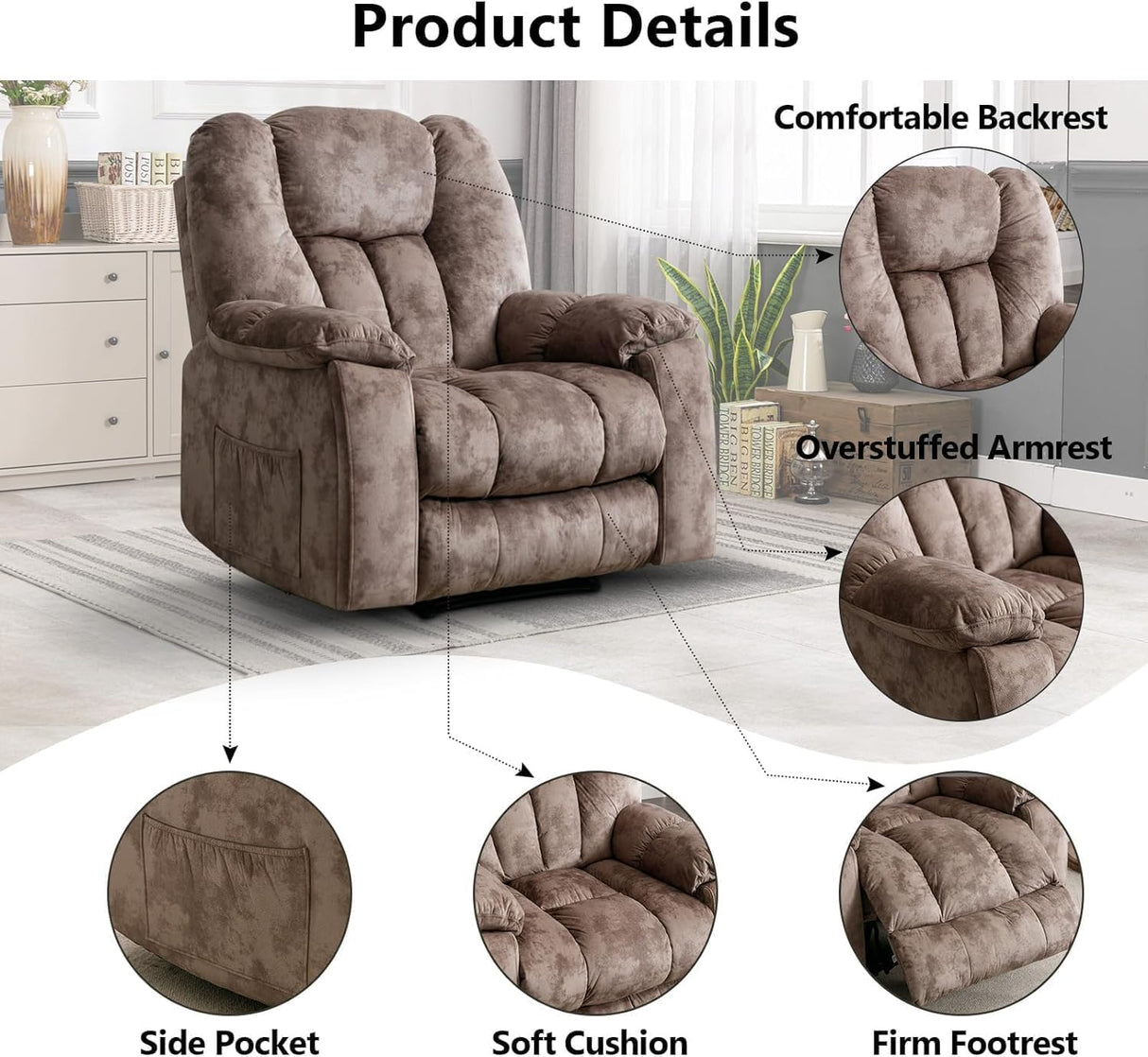 CANMOV Manual Reclining Chair-Overstuffed Recliner Chair with Cup Holder Side Pocket Footrest Fabric Recliners for Living Room Bedroom Apricot CANMOV