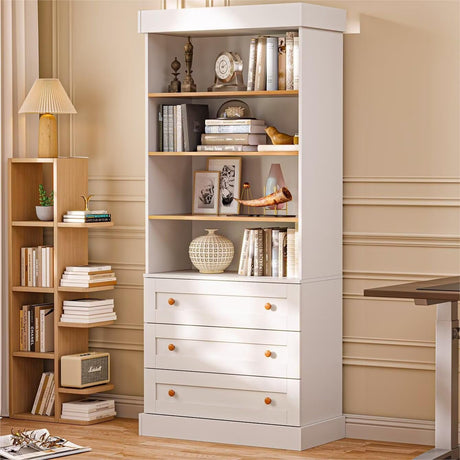 Vyre 71" Tall Farmhouse Bookshelves with Drawers, Large Modular Bookcase with Adjustable Shelves, Storage Cabinet for Living Room, Kitchen, Home Office, White Vyre