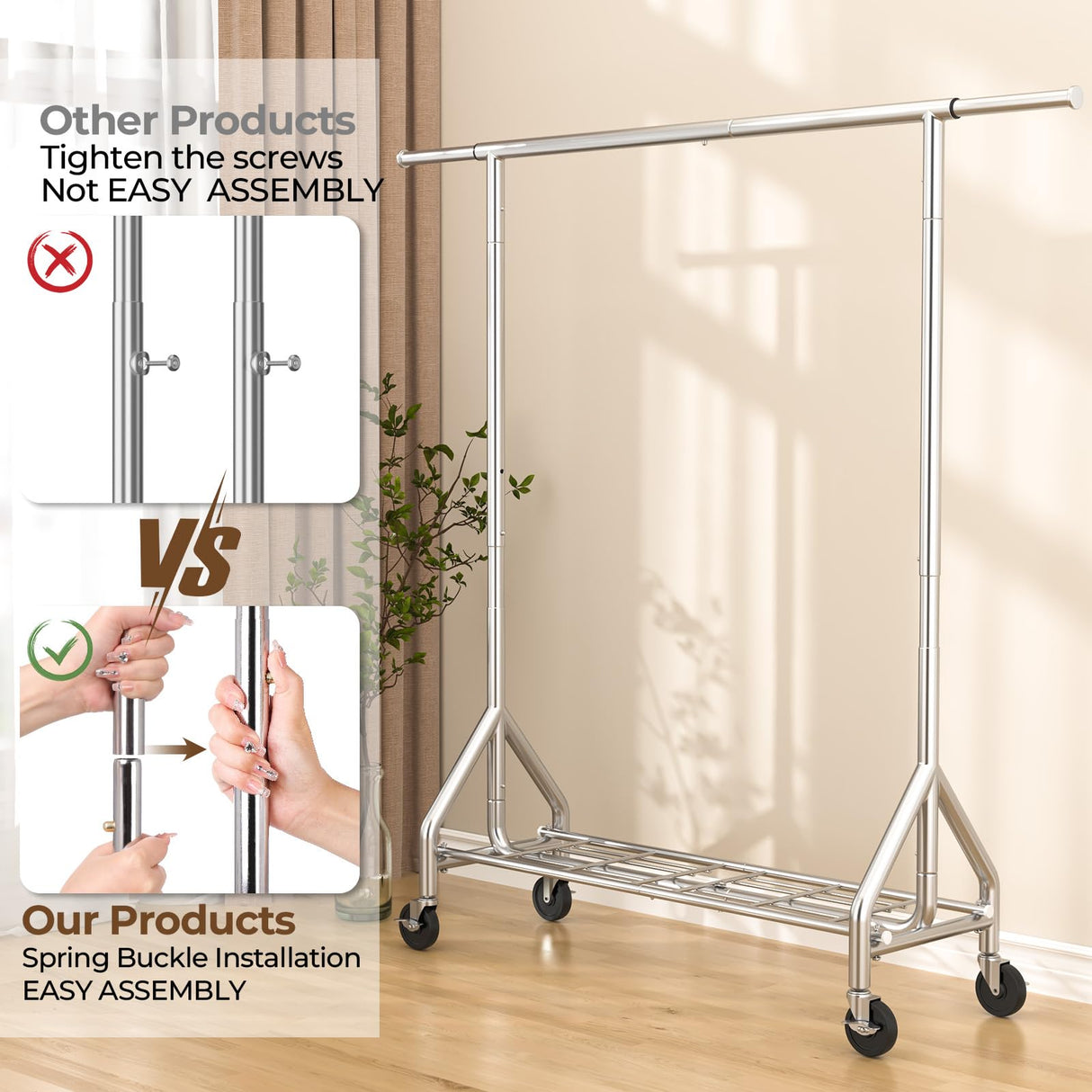 HYSEYY Heavy Duty Clothes Rack Load 450 LBS, Metal Garment Rack, Standing Rolling Clothing Rack for Hanging Clothes with Sturdy Wheels & Shelves, Portable Closet Wardrobe Rack,Sliver HYSEYY