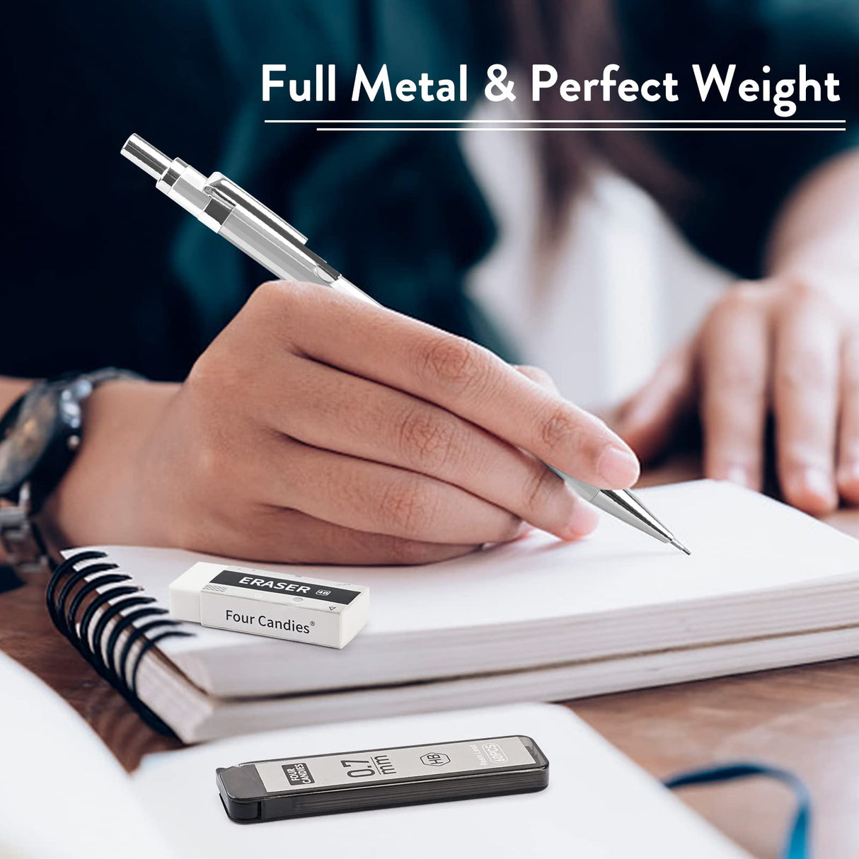 Four Candies 0.7mm Mechanical Pencil Set with Case - 4PCS Metal Mechanical Pencils, 8 Tubes HB #2 Lead Refills, 3PCS 4B Erasers and 9PCS Eraser Refills, Lead Mechanical Pencils for Writing & Drawing Four Candies