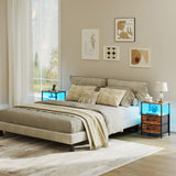 TRIFEBLE Nightstands Set of 2, Night Stand with Charging Station and Led Lights, Bedside Table with 2 Fabric Drawers for Bedroom, Small Side End Table with Open Shelf, Rustic Brown TRIFEBLE