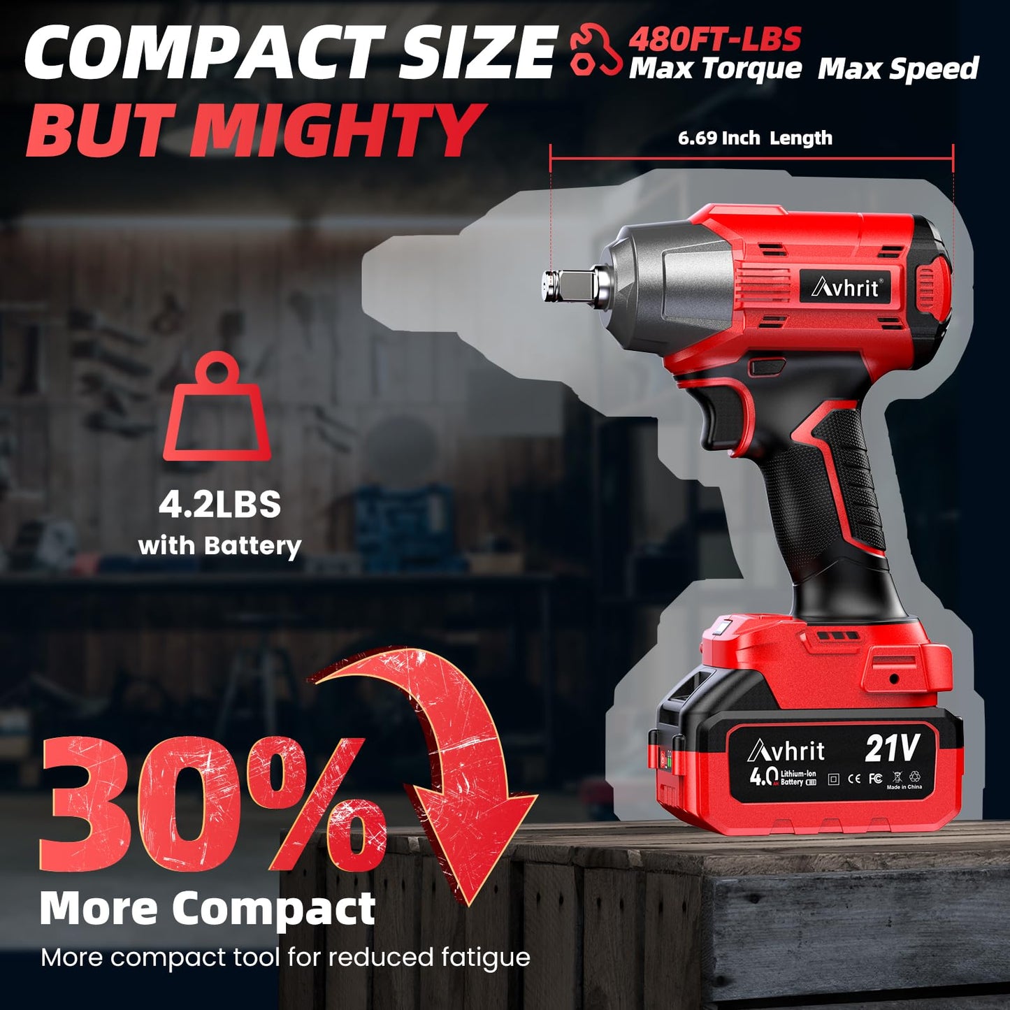 Avhrit Cordless Impact Wrench 1/2 inch, 480Ft-lbs (650Nm) Brushless Power Impact Gun 1/2 drive w/ 4.0Ah Battery, 4 Sockets, 6 Screwdriver Bits, Fast Charger, Electric Impact Wrench for Car Ti - WoodArtSupply