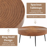 Giantex Boho Round Coffee Table Set of 2, Sofa Side Nesting Table with Solid Pine Wood Top, Metal Legs & Adjustable Foot Pads, 31.5" D Large Table Set for Living Room (Ring Pattern, Brown) Giantex