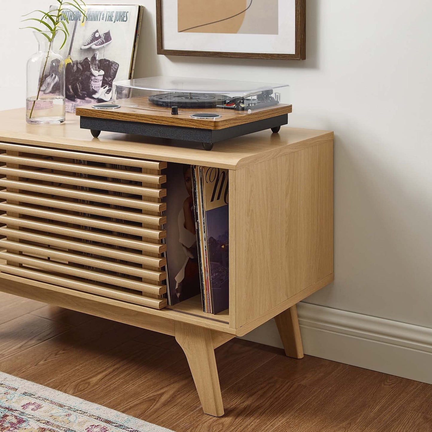 Modway Render Mid-Century Modern 37" Vinyl Record Display Stand in Oak - WoodArtSupply