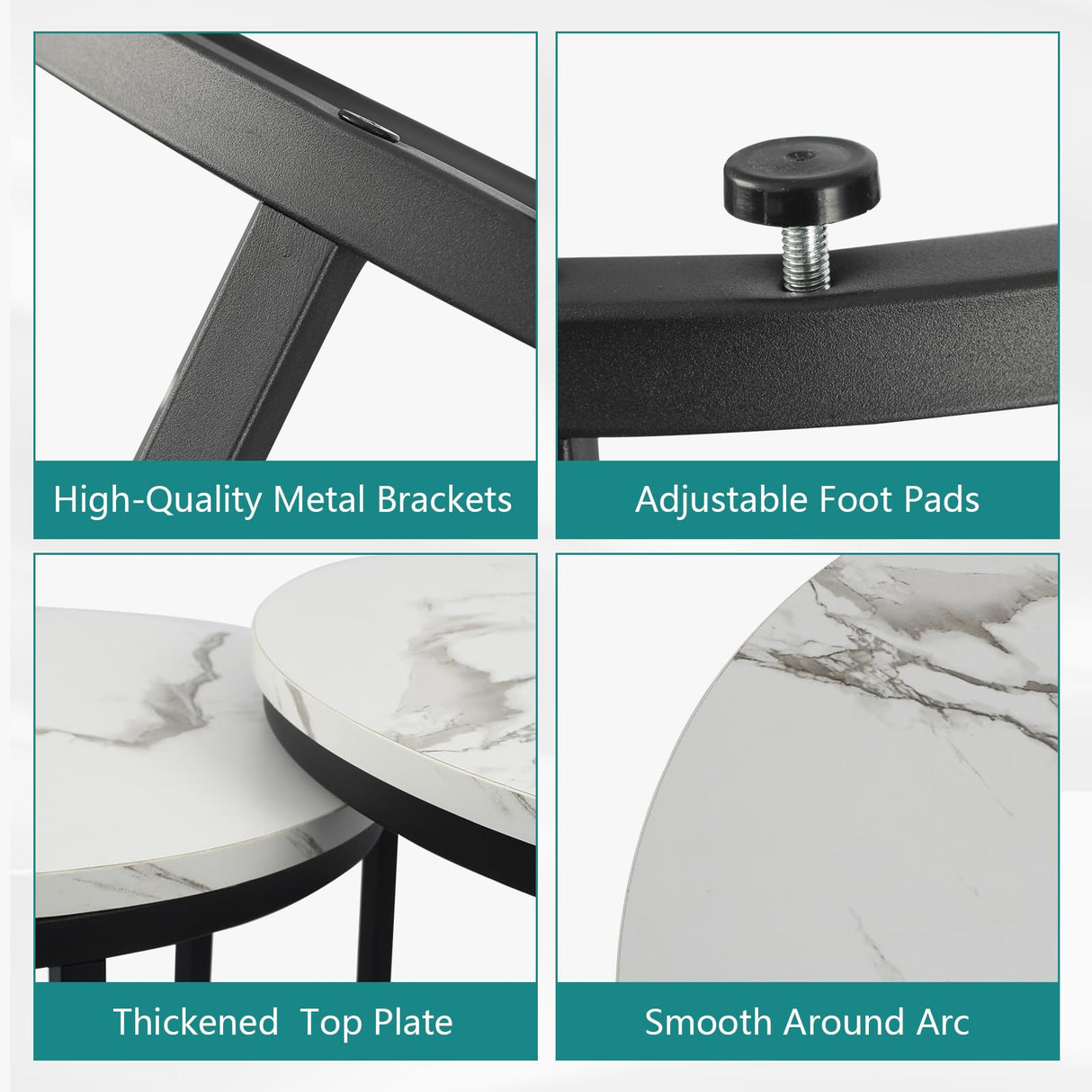 Smuxee White Nesting Coffee Table Set of 2, 23.6" Round Coffee Table Wood Grain Top with Adjustable Non-Slip Feet, Industrial End Table Side Tables for Living Room Bedroom Balcony Yard Smuxee