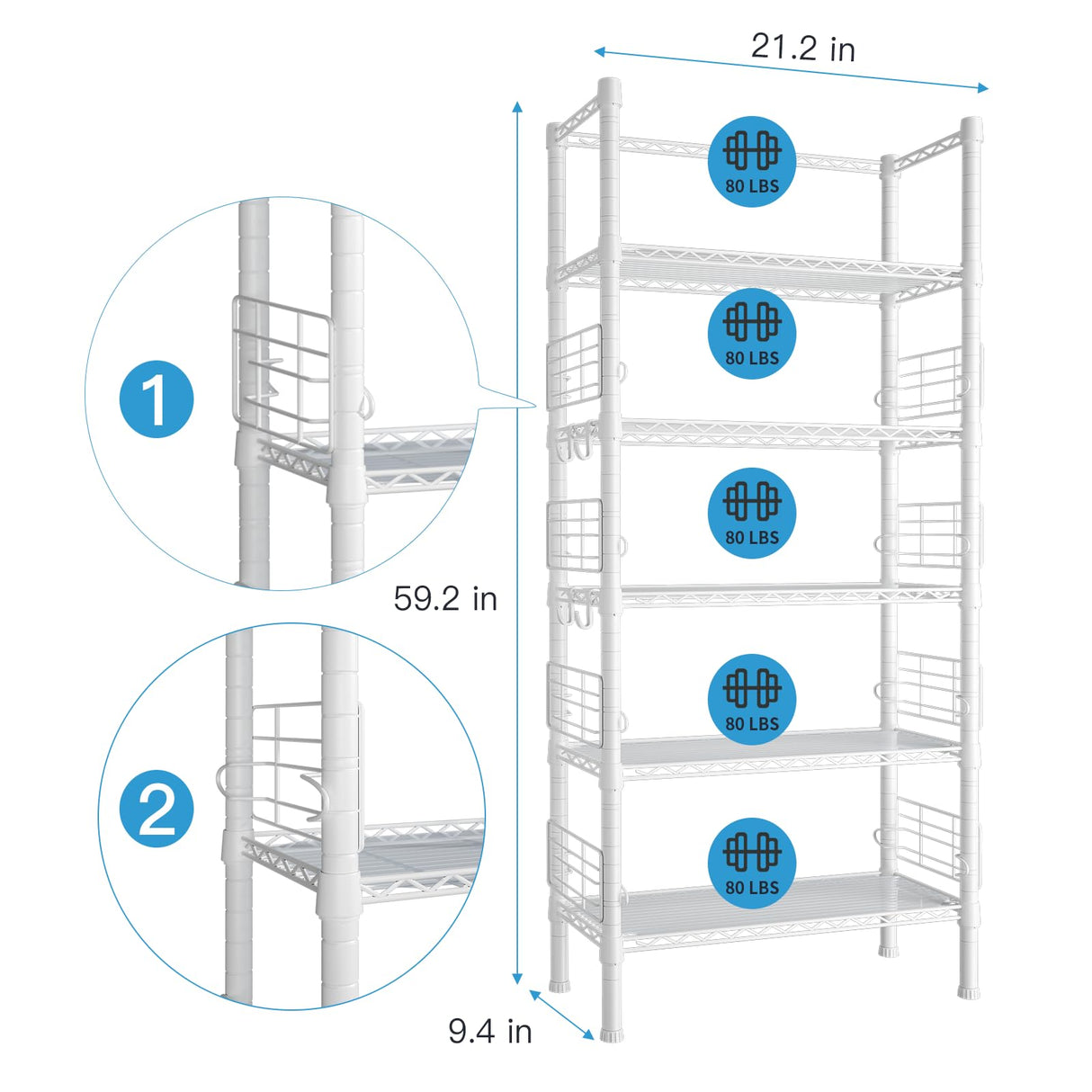 FUTASSI Metal Storage Rack, Storage Organizer Shelves for Kitchen, Bathroom, Living Room, Balcony and Garage, 5 Tiers Narrow Bookshelf, 21.2" W x 9.4" D x 59.2" H, Load 400lbs, White FUTASSI