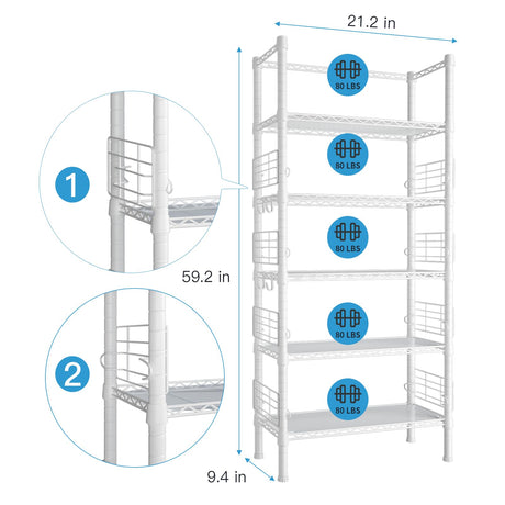 FUTASSI Metal Storage Rack, Storage Organizer Shelves for Kitchen, Bathroom, Living Room, Balcony and Garage, 5 Tiers Narrow Bookshelf, 21.2" W x 9.4" D x 59.2" H, Load 400lbs, White FUTASSI