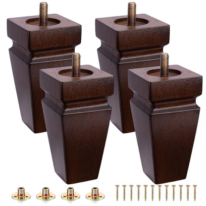 Square Wood Furniture Legs Set of 4 - Wooden Replacement Feet for Couch, Bed, Bench, Dresser, Rubber Wood Parts for Table, Sofa, Wooden Legs Chairs Complete with Installation Hardware (Brown, 5 inch)