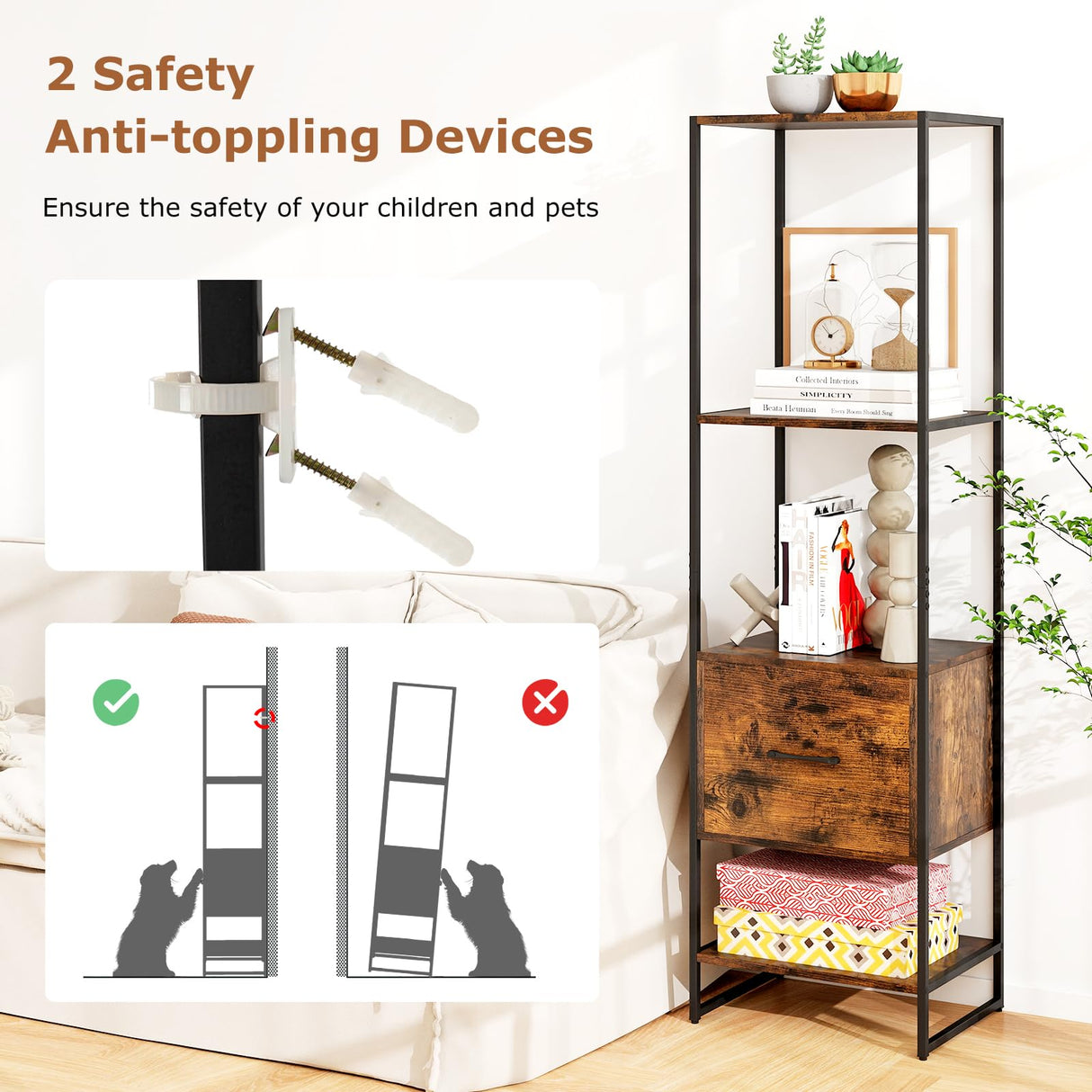 Tangkula 4-Tier Bookshelf with Drawer, 62.5” Tall Narrow Bookcase with Metal Frame & Anti-tip Kits, 4 Open Shelves & Pull-Out Drawer, Modern Slim Display Storage Rack for Living Room Study (2, Brown) Tangkula