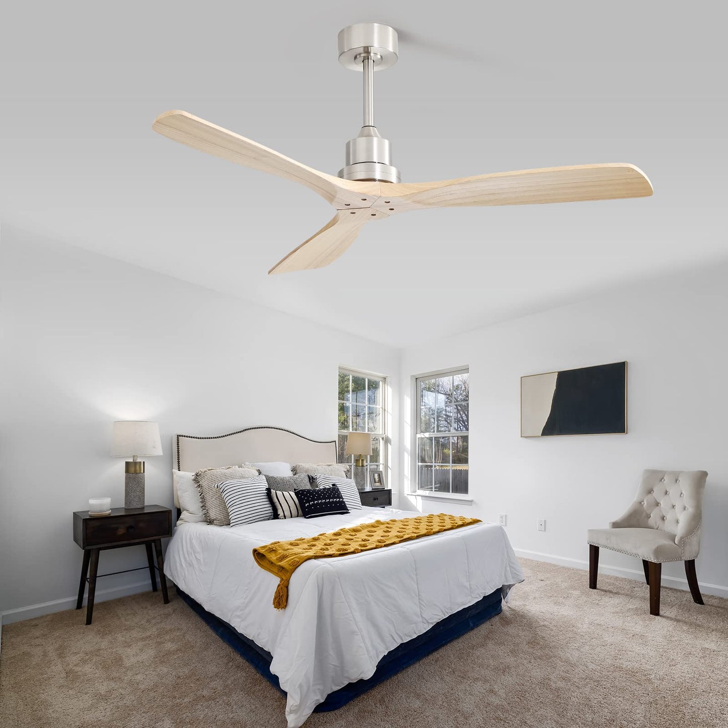 Sofucor 52 Inch Ceiling Fan with Remote, 3 Blade Carved Wood Fan Without No Light, Modern Ceiling Fan for Indoor Outdoor Bedroom Living Room Patios Farmhouse, Reversible DC Motor