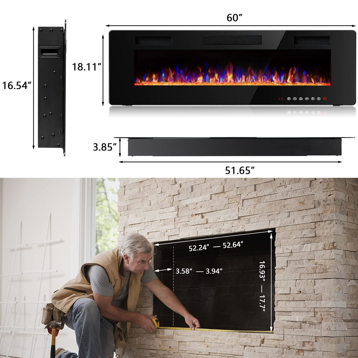 Vitesse 60 inch Ultra-Thin Electric Fireplace in-Wall Recessed and Wall Mounted Fireplace Heater,Linear Fireplace with Multicolor Flame,Timer,Low Noise,750/1500W,Touch Screen & Remote Control(60’’) VITESSE