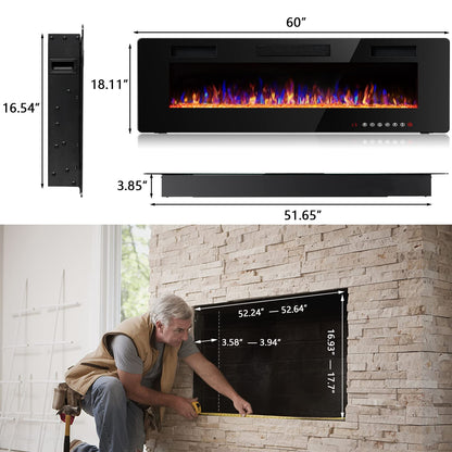 Vitesse 60 inch Ultra-Thin Electric Fireplace in-Wall Recessed and Wall Mounted Fireplace Heater,Linear Fireplace with Multicolor Flame,Timer,Low Noise,750/1500W,Touch Screen & Remote Control(60’’)