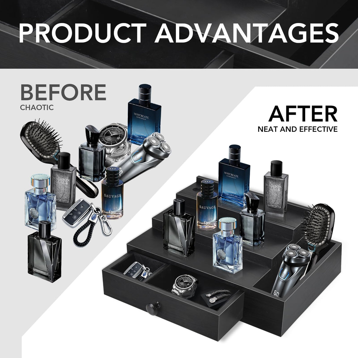 Cologne Stand Organizer for Men, 3 Tier Cologne Display Shelf with Velvet Lining Drawer and Compartments for Watch, Jewelry, Perfume Display Risers for Cologne, Great Gift for Father Zecela