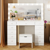 VOWNER Vanity with Lighted Mirror - Makeup Vanity Desk with 11 Drawers and Outlet, 3 Color Lighting Modes Adjustable Brightness, 46" Vanity Table with Soft Cushioned Stool for Bedroom, White VOWNER
