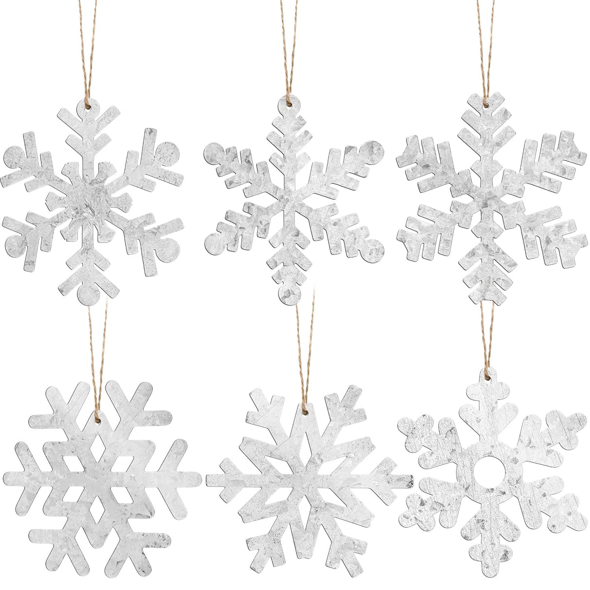 Oudain 6 Pieces Metal Snowflake Ornaments Christmas Galvanized Snowflake Hanging Ornament Farmhouse Snowflake Tree Hanging Decoration for Xmas Winter Party Decor, 5.12 Inch, Silver Oudain