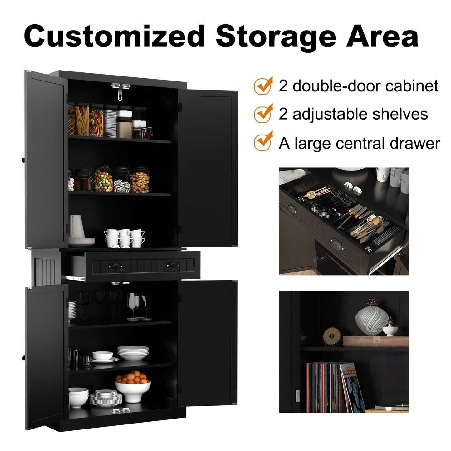 ARTPOWER Kitchen Pantry Storage Cabinet with Drawer and Adjustable Shelves, Pantry Cabinet for Kitchen, Bathroom or Hallway, Black