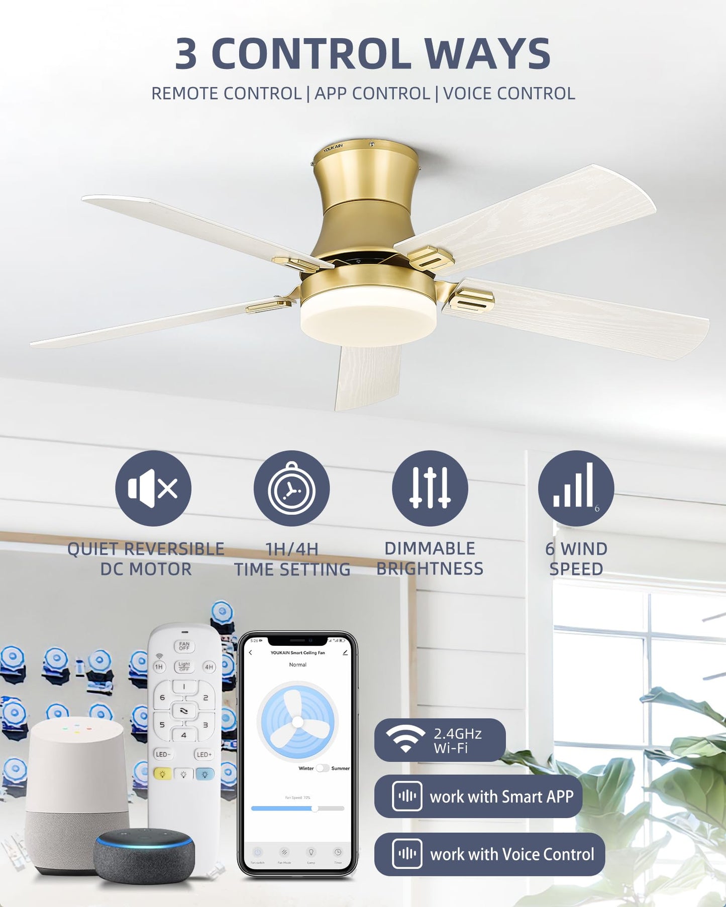 YOUKAIN Ceiling Fans with Lights, 52 inch Low Profile Ceiling fan with Remote Control and App Control, Flush Mount, Reversible, Dimmable, Gold Ceiling Fan for Bedroom, Indoor/Outdoor Use, 52-YJ865-GD