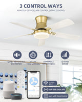YOUKAIN Ceiling Fans with Lights, 52 inch Low Profile Ceiling fan with Remote Control and App Control, Flush Mount, Reversible, Dimmable, Gold Ceiling Fan for Bedroom, Indoor/Outdoor Use, 52-YJ865-GD YOUKAIN