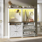 Farmhouse Shoe Cabinet with Coat Rack, Tall Shoe Cabinet with 2 Flip Drawers, Narrow Hidden Shoe Storage Cabinet, 2 in 1 Hall Tree Slim Freestanding Shoe Rack Organizer for Entryway, LED Light, White RALGEND