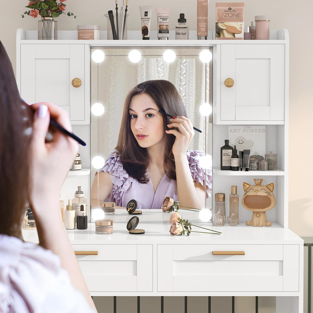 usikey Vanity Desk with Mirror and Lights, Makeup Vanity Table with 2 Drawers, 2 Cabinets & 2 Shelves, Vanity Desk, Vanity Table for Girls Women, Bedroom, White usikey