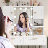 usikey Vanity Desk with Mirror and Lights, Makeup Vanity Table with 2 Drawers, 2 Cabinets & 2 Shelves, Vanity Desk, Vanity Table for Girls Women, Bedroom, White usikey