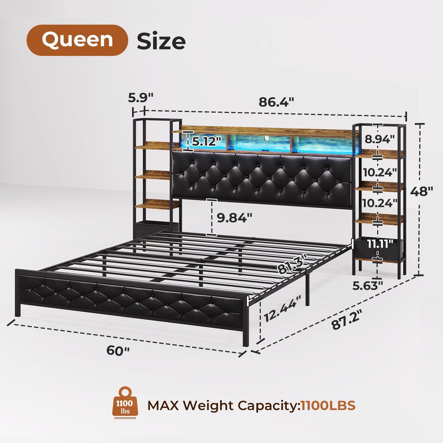 Modern DICTAC Queen Metal Platform Bed Frame with Storage Headboard, LED Lights & Charging Station in Black - WoodArtSupply