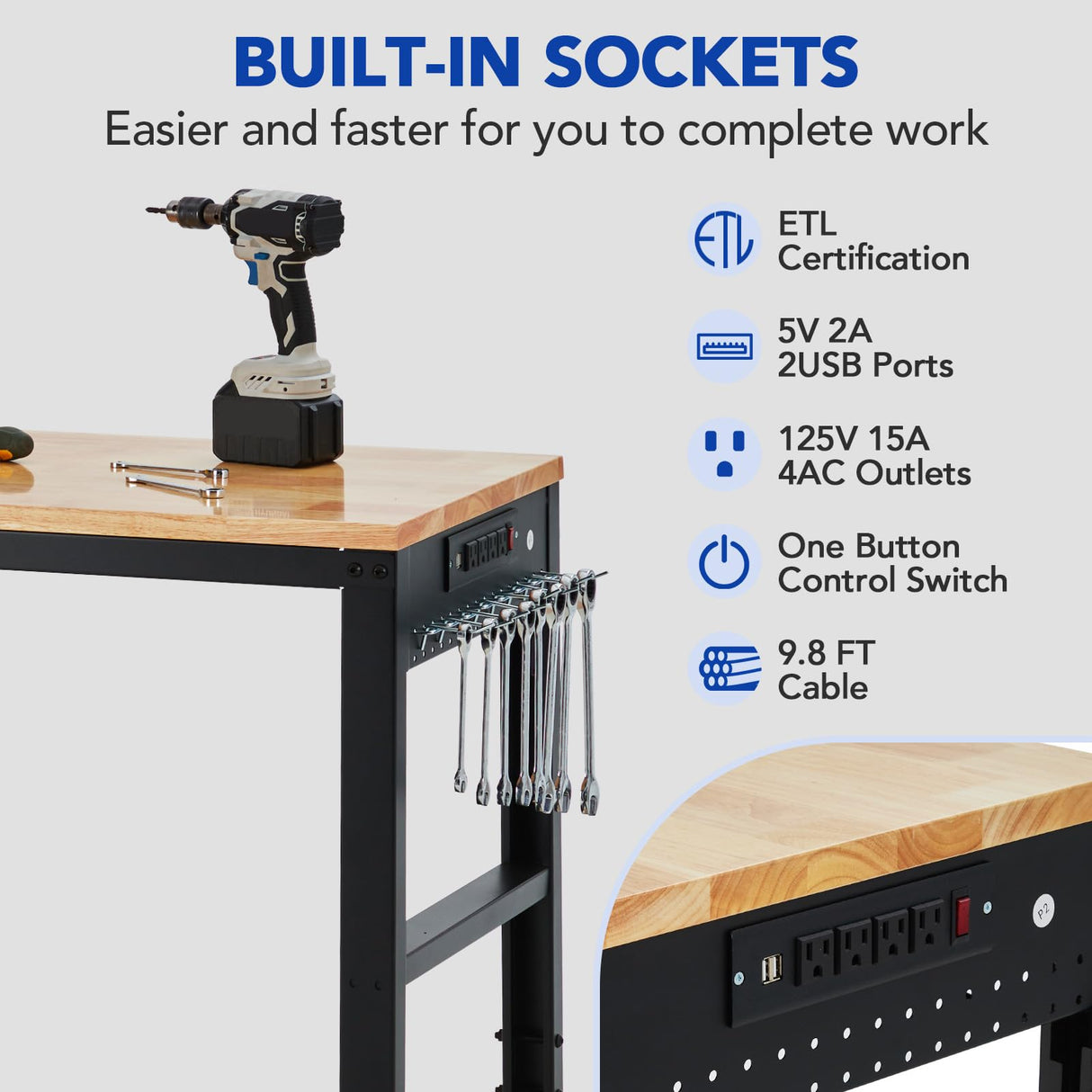 GarveeTech Adjustable Workbench 60"x20", 2000 lbs Load Capacity, Height Adjustable 29.5"-38.4", Ideal Heavy-Duty Garage Worktable with Built-in Power Outlet for Home, Office & Workshop GarveeTech