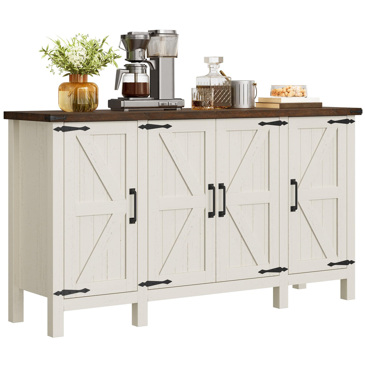 YITAHOME Farmhouse Sideboard Buffet Cabinet with Storage, 59" Kitchen Storage Cabinet with Adjustable Shelves for Living Room, Entryway, Rustic White YITAHOME