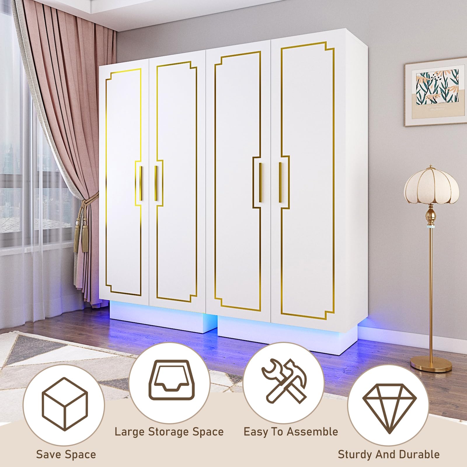 Hlivelood Modern 70in LED 2 Doors Armoires Wardrobe Closet&Cabinet with Hanging Rod, Freestanding Bedroom Armoires with RGB LED 6000-color Lights,Wardrobe Clothes Organizer (White-2 Door Armo - WoodArtSupply