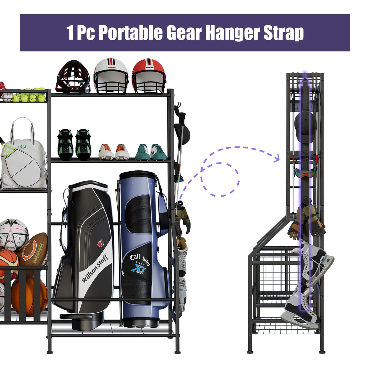 JIRTEMOT Sports Equipment Organizer, Heavy Duty Golf Bags Stand, Extra Large Ball Storage Rack for Garage, Sports Gear Storage with Basket and Hooks, Black JIRTEMOT