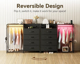 KKL Dresser for Bedroom with Clothes Hanging Rack, Reversible Bedroom Dresser with Shoe Rack & 6 Fabric Drawers, 3-in-1 Storage Chest of Drawers with Led Lights & Charging Station for Closet, Black KKL