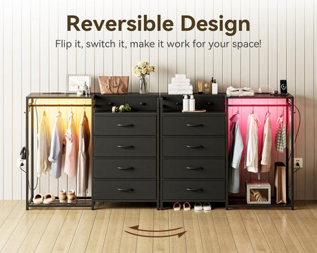 KKL Dresser for Bedroom with Clothes Hanging Rack, Reversible Bedroom Dresser with Shoe Rack & 6 Fabric Drawers, 3-in-1 Storage Chest of Drawers with Led Lights & Charging Station for Closet, Black KKL