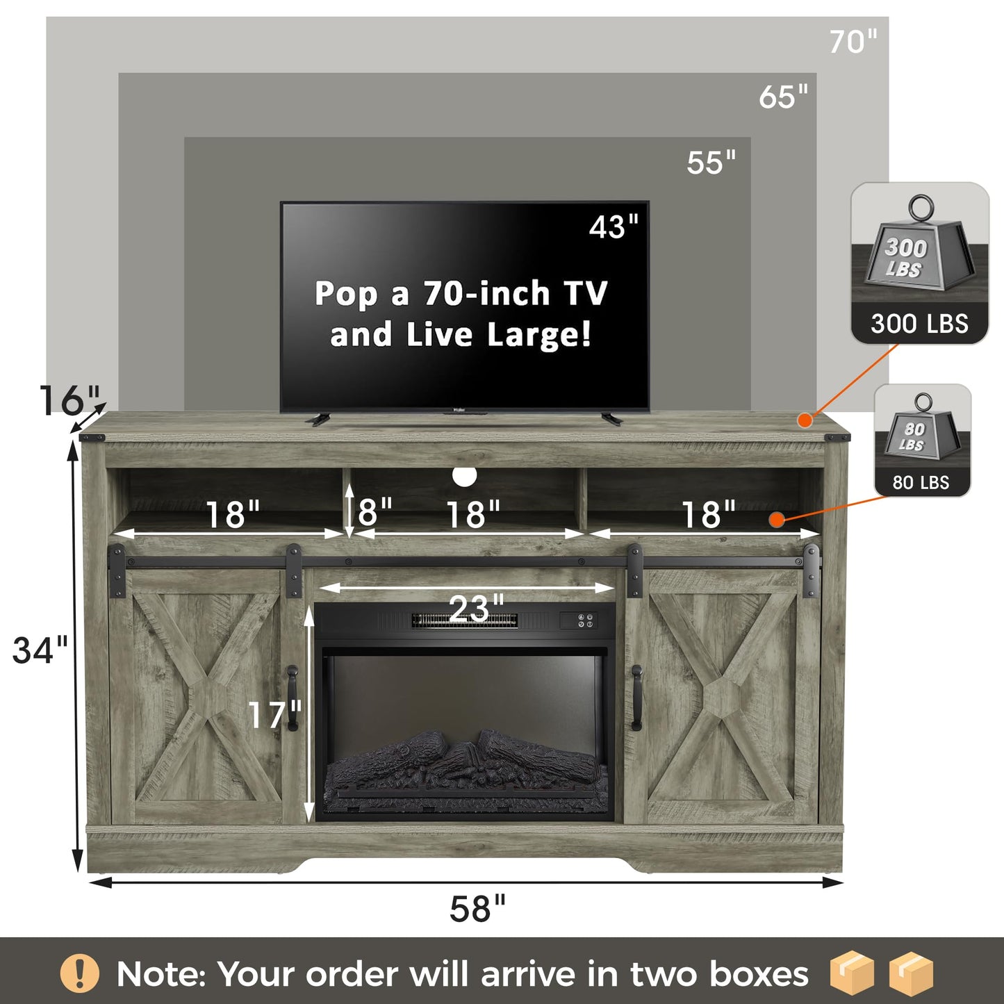 May in Color Fireplace TV Stand for 65+ Inch TV, Farmhouse Entertainment Center with 23" Electric Fireplace with Remote, Modern Rustic TV Console with Sliding Bar Door for Living Room,Light Grey