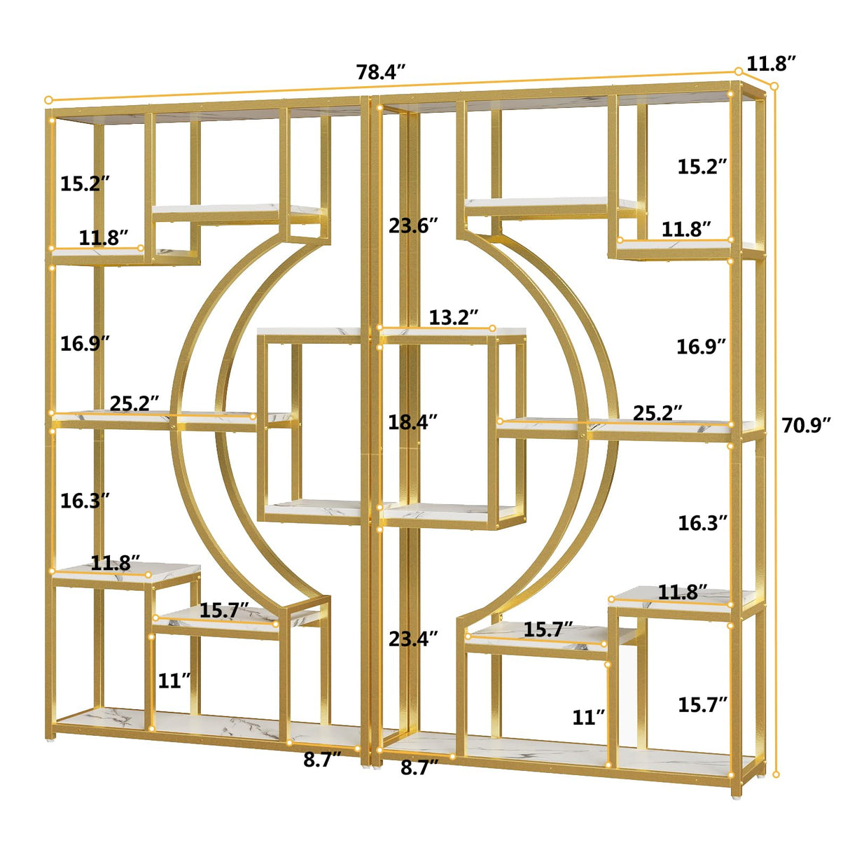 Modern Book Shelf, White and Gold Bookshelf, 70.8 Inch Tall Etagere Bookcase, Set of 2 Geometric Display Shelves for Living Room, Bookcases/Bookshelf with Metal Frame for Home Office HolliWill