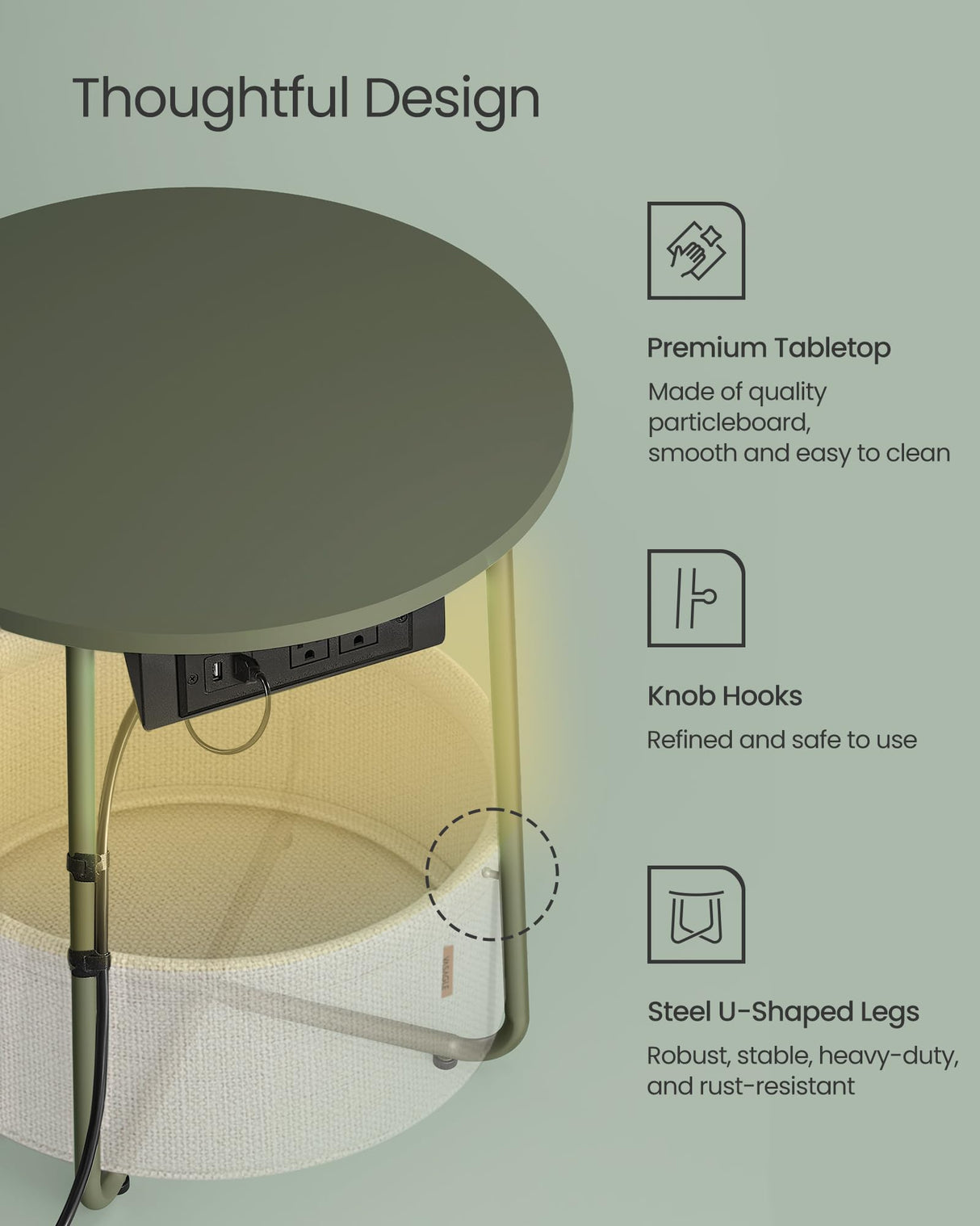 VASAGLE Side Table with Charging Station, Round End Table with Fabric Basket, LED Nightstand with Power Outlets, USB Ports, for Living Room, Bedroom, Modern, Forest Green and Cream White ULET227C01 VASAGLE