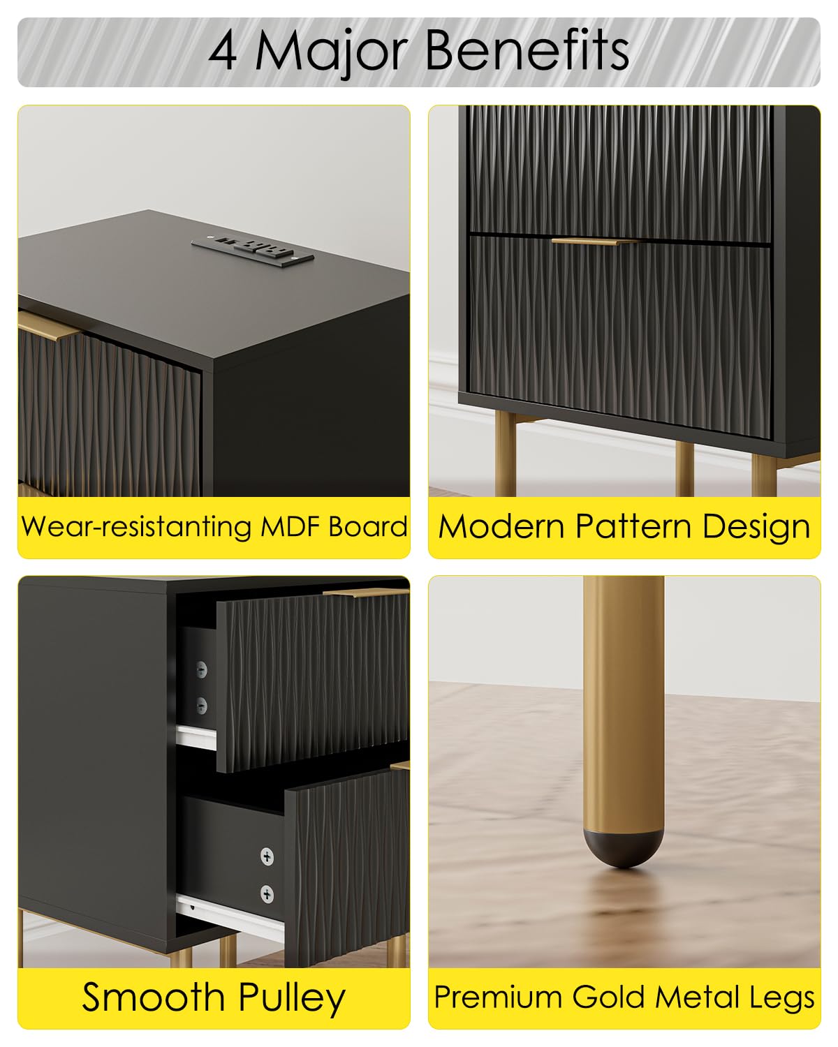 Aienvey Night Stand Charging Station, Modern Bedside Table with Storage 2 Drawer and Open Wood Shelf, Night Stand, End Table for Bedroom, Living Room, Black Aienvey