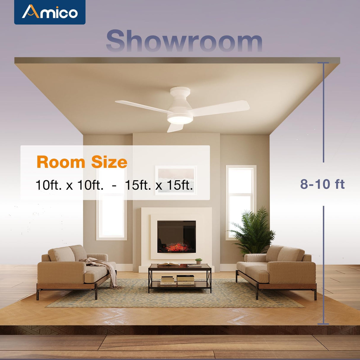 Amico Ceiling Fans with Lights, 42 inch Low Profile Ceiling Fan with Light and Remote Control, Flush Mount, Reversible, 3CCT, Dimmable, Noiseless, White Ceiling Fan for Bedroom, Indoor/Outdoor Use Amico