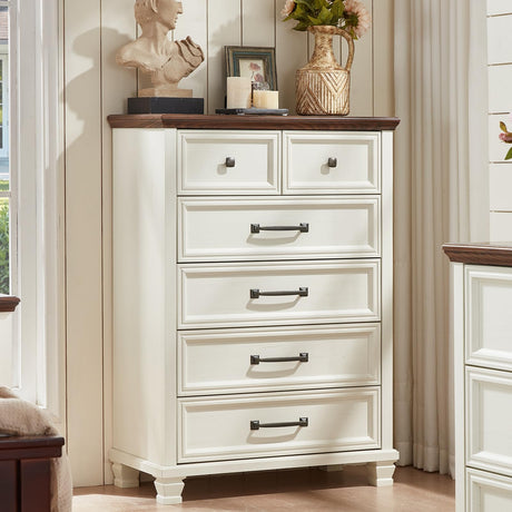 SAVOR LIFE Farmhouse 6 Drawer Dresser for Bedroom, 45 Inch Tall Vintage Wood Chest of Drawers, Rustic Dressers w/Square Wooden Legs, Mid-Century Storage Organizer for Living Room, Hallway, White SAVOR LIFE