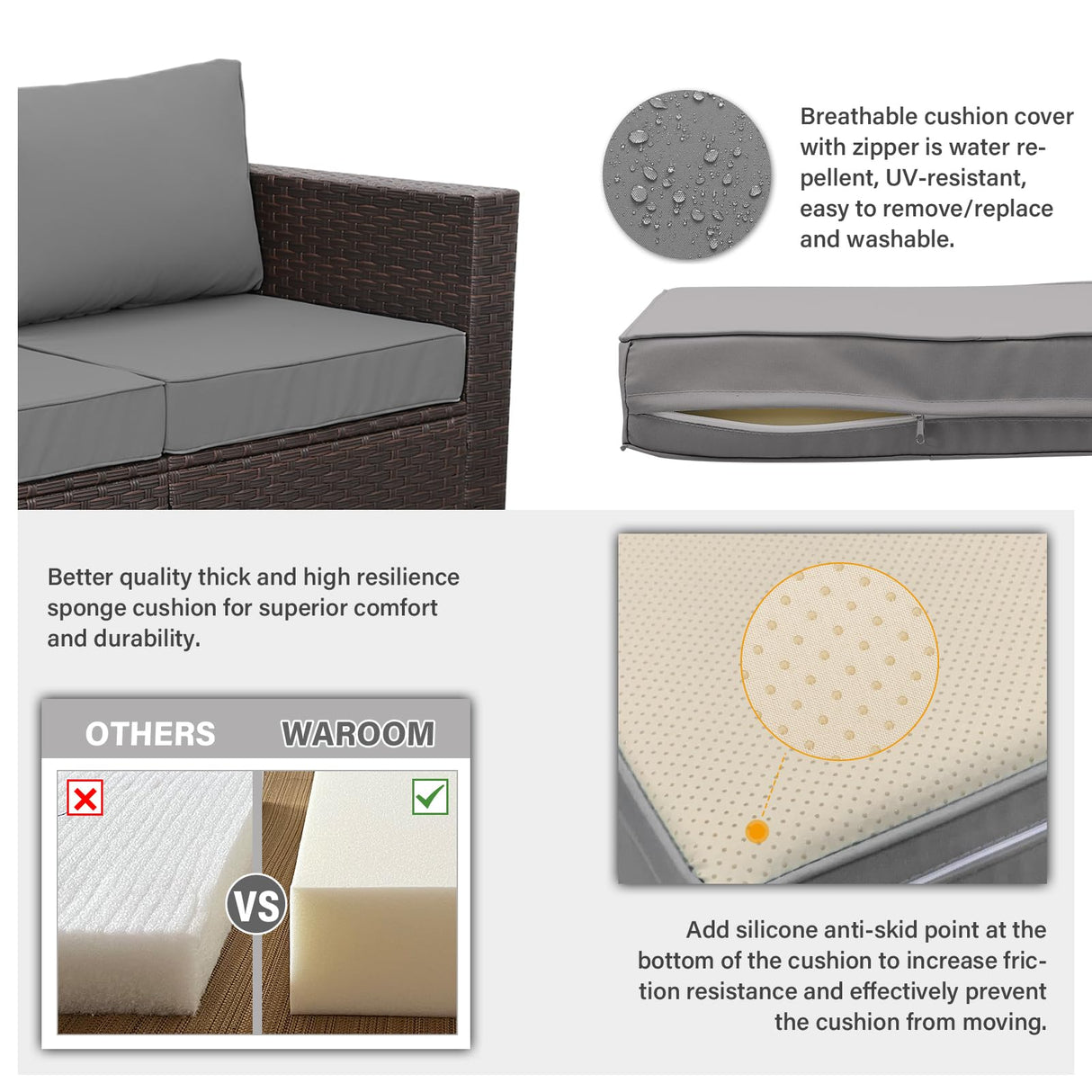 WAROOM 6 Pieces Patio Furniture Set PE Wicker Outdoor Brown Rattan Sectional Sofa Loveseat Couch Conversation Sets with Storage Bin Coffee Table, Anti-Slip Grey Cushion WAROOM