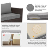 WAROOM 5 Pieces Patio Furniture Set PE Wicker Outdoor Brown Rattan Sectional Sofa Loveseat Couch Conversation Chair with Storage Bin Coffee Table and Propane Fire Pit, Anti-Slip Grey Cushion WAROOM