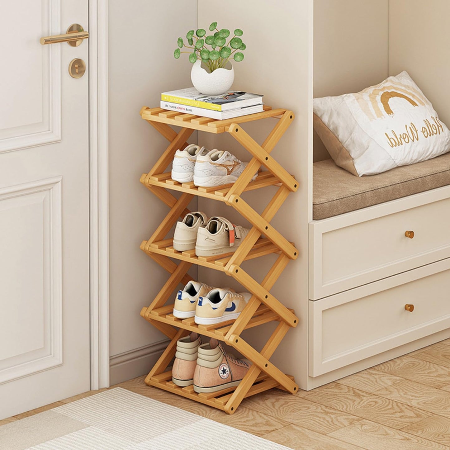 XZXWZX Shoe Rack, Bamboo Foldable Shoes Organizer Free Standing Shelf for Entryway, Closet, Bedroom, Hallway, | Natural | Functional | Multifunctional Shoe Rack (Wood Color) 5 Layers