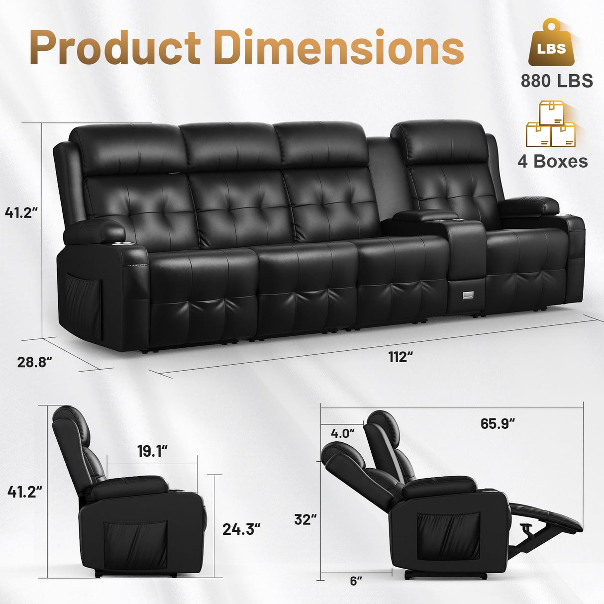 Massage Loveseat Recliner, PU Leather Home Theater Seating with Center Console, USB Charging & Cup Holders, Ergonomic Couch Sofa for Movie or Gaming (Black, 4-Seater) TOMOSLTER