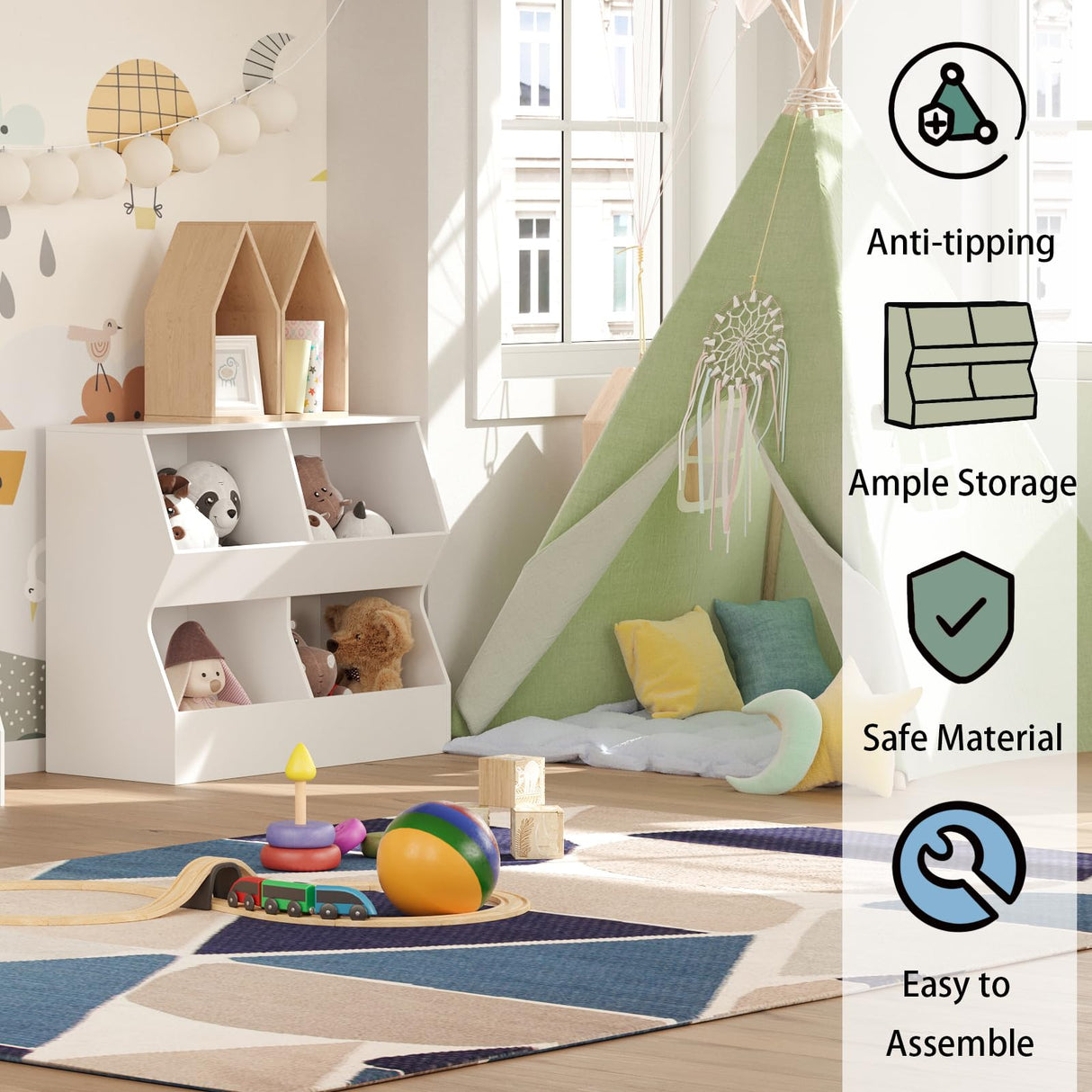 DINZI LVJ 4-Cubby Kids Bookshelf & Toy Storage Cabinet - White Wooden Organiser for Bedroom, Nursery & Playroom DINZI LVJ