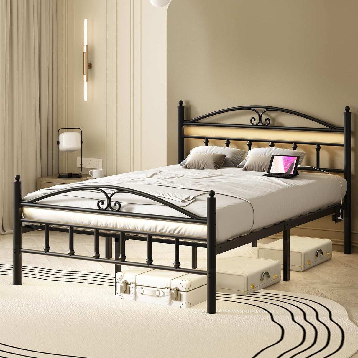 Samurbex Full Size Bed Frame with Charging Station,Black Metal Platform Bed Frame with LED Lights,Heavy Duty Metal Steel Slats Support,No Box Spring Needed,Noise Free,Easy to Assemble Samurbex