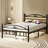 Samurbex Full Size Bed Frame with Charging Station,Black Metal Platform Bed Frame with LED Lights,Heavy Duty Metal Steel Slats Support,No Box Spring Needed,Noise Free,Easy to Assemble Samurbex